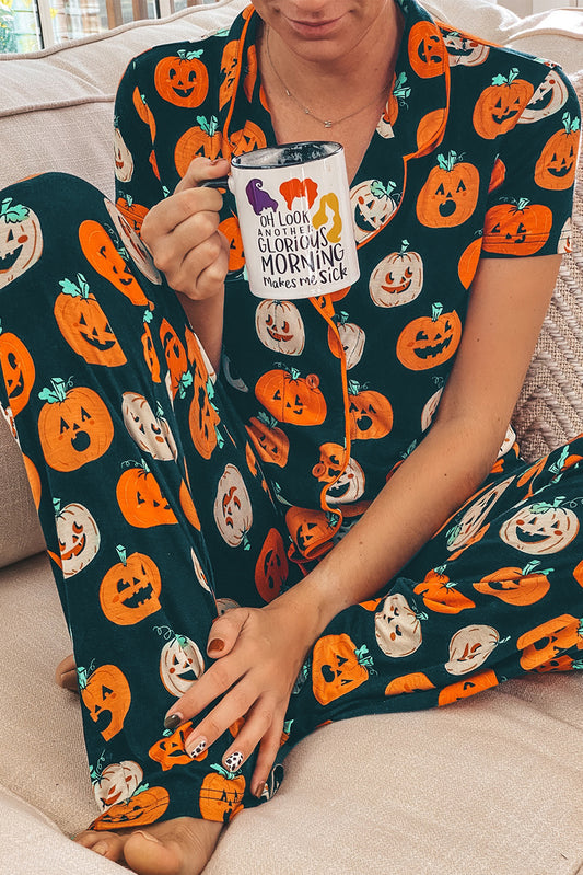 Orange Halloween Pattern Short Sleeve Shirt Pajama Set