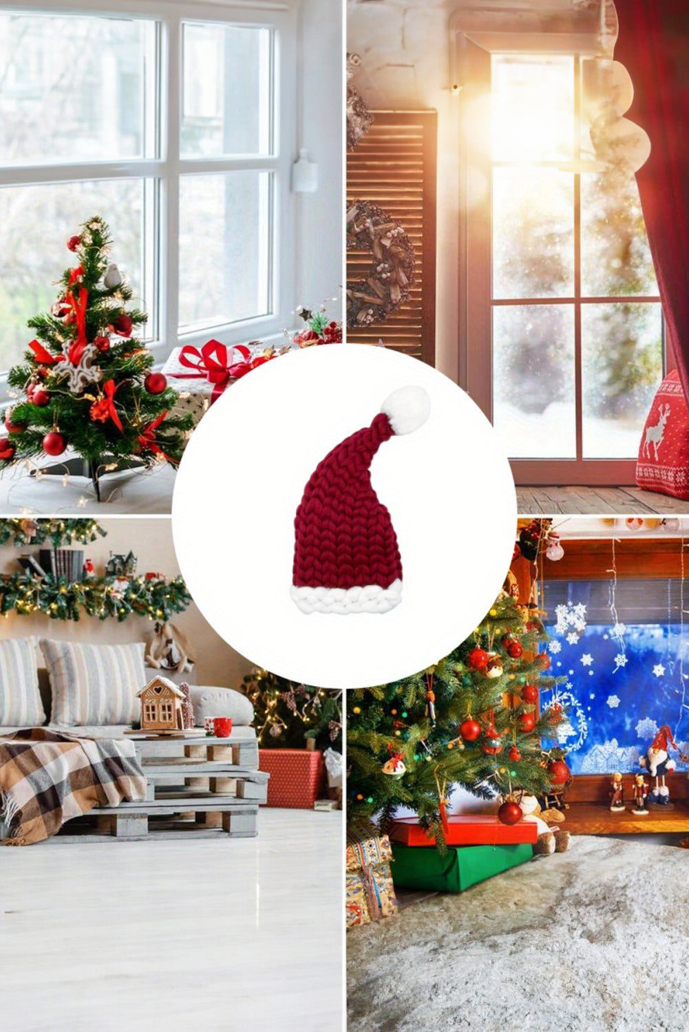 Dearlove Red Dahlia Color Block Pom Pom Decor Chunky Knitted Christmas Hat