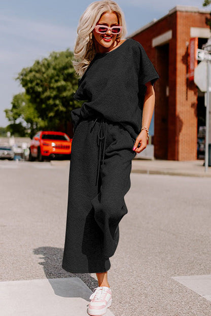 White Textured Loose Fit T Shirt and Drawstring Pants Set