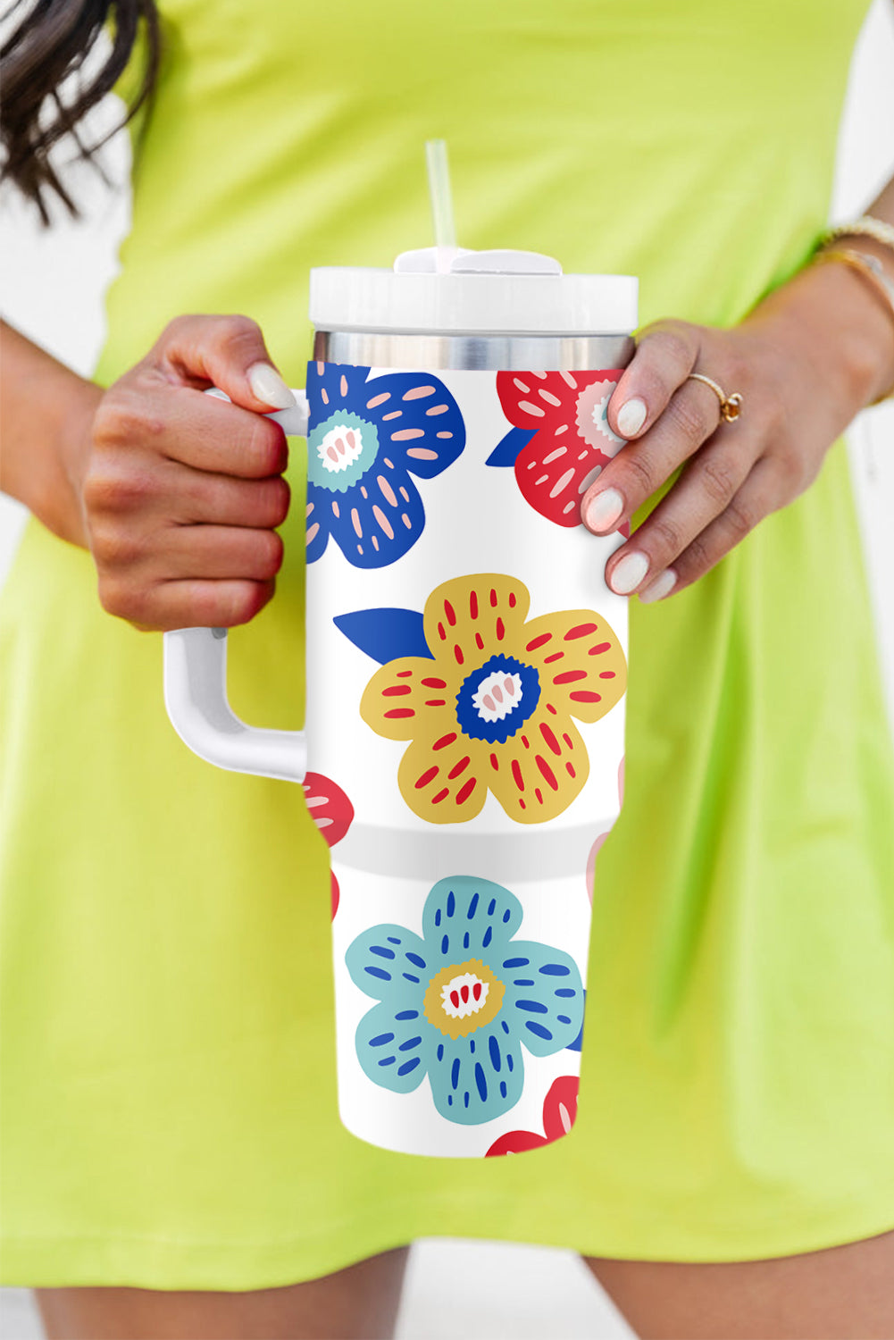 Tasse à vide en acier inoxydable à motif de fleurs blanches avec poignée 40oz 