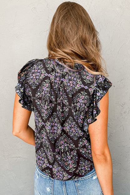 Blusa vintage floral com babados e manga com decote em V