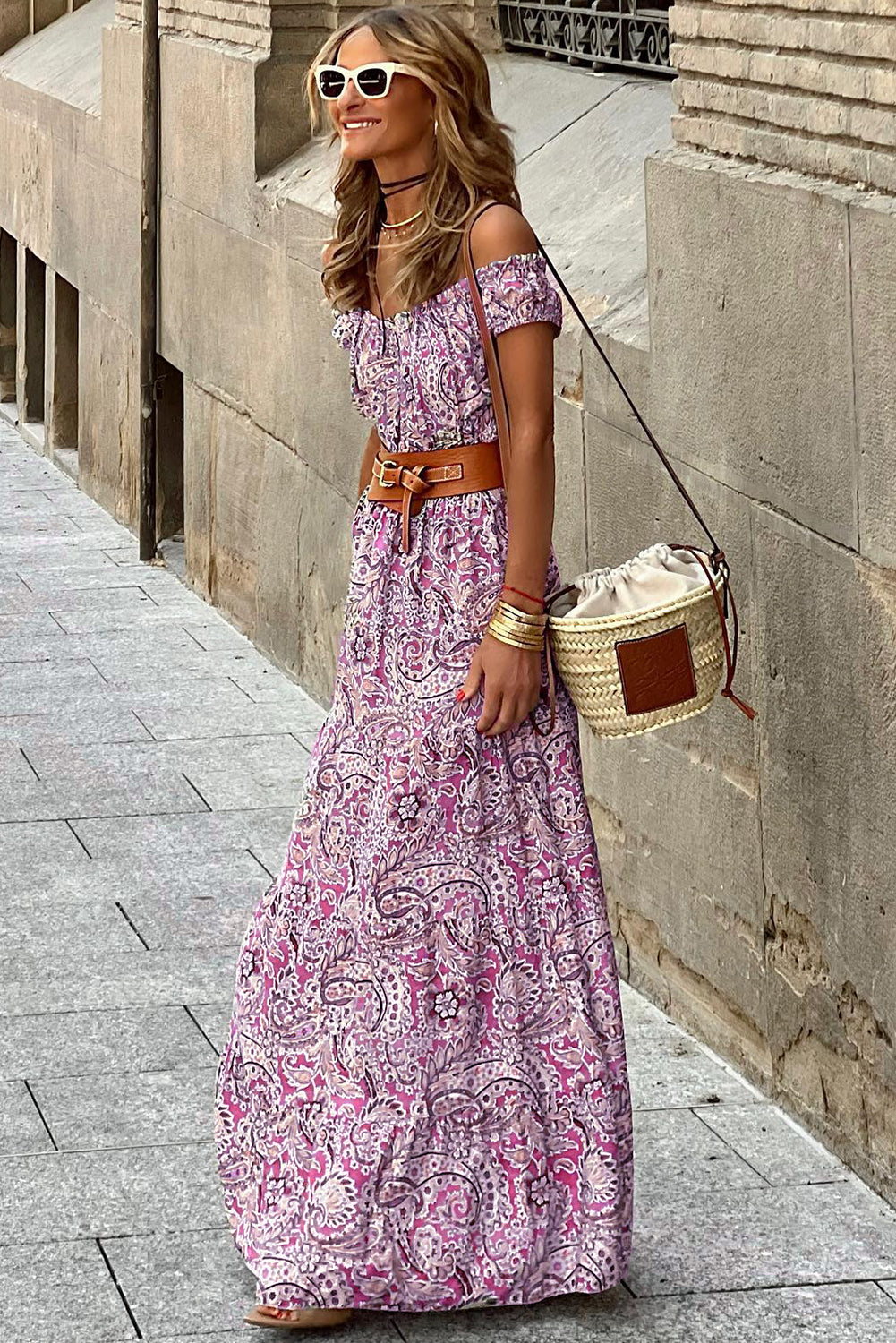 Blue Boho Paisley Print Off Shoulder Maxi Dress