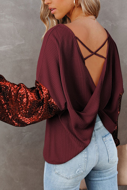 Black Sequin Patchwork Sleeve Open Back Waffle Knit Top