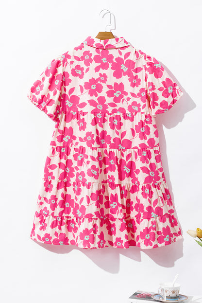 Vestido mini camisa floral rosa com manga bufante em camadas