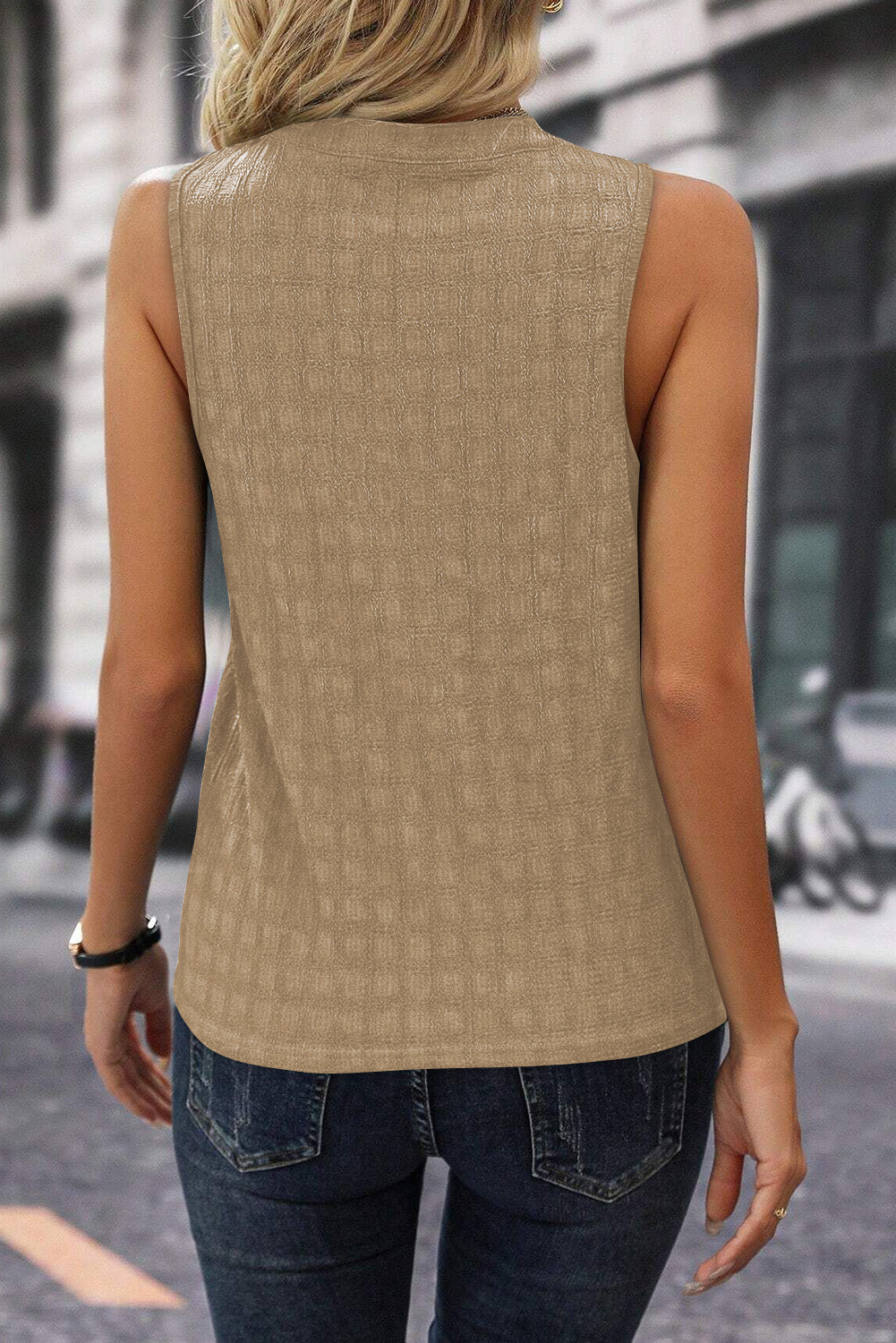 Black Lattice Textured Split Neck Tank Top