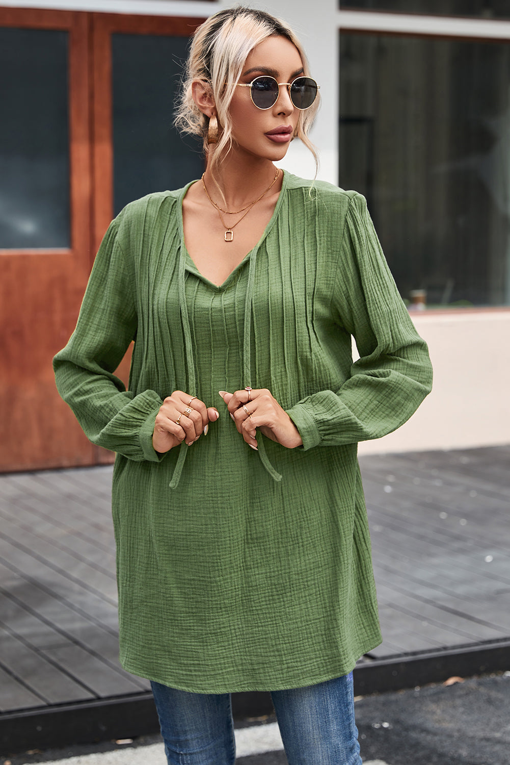 Green Casual Pleated V Neck Textured Loose Top