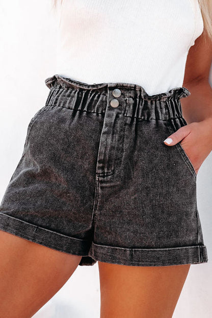 Shorts jeans preto vintage lavado com babados de cintura alta