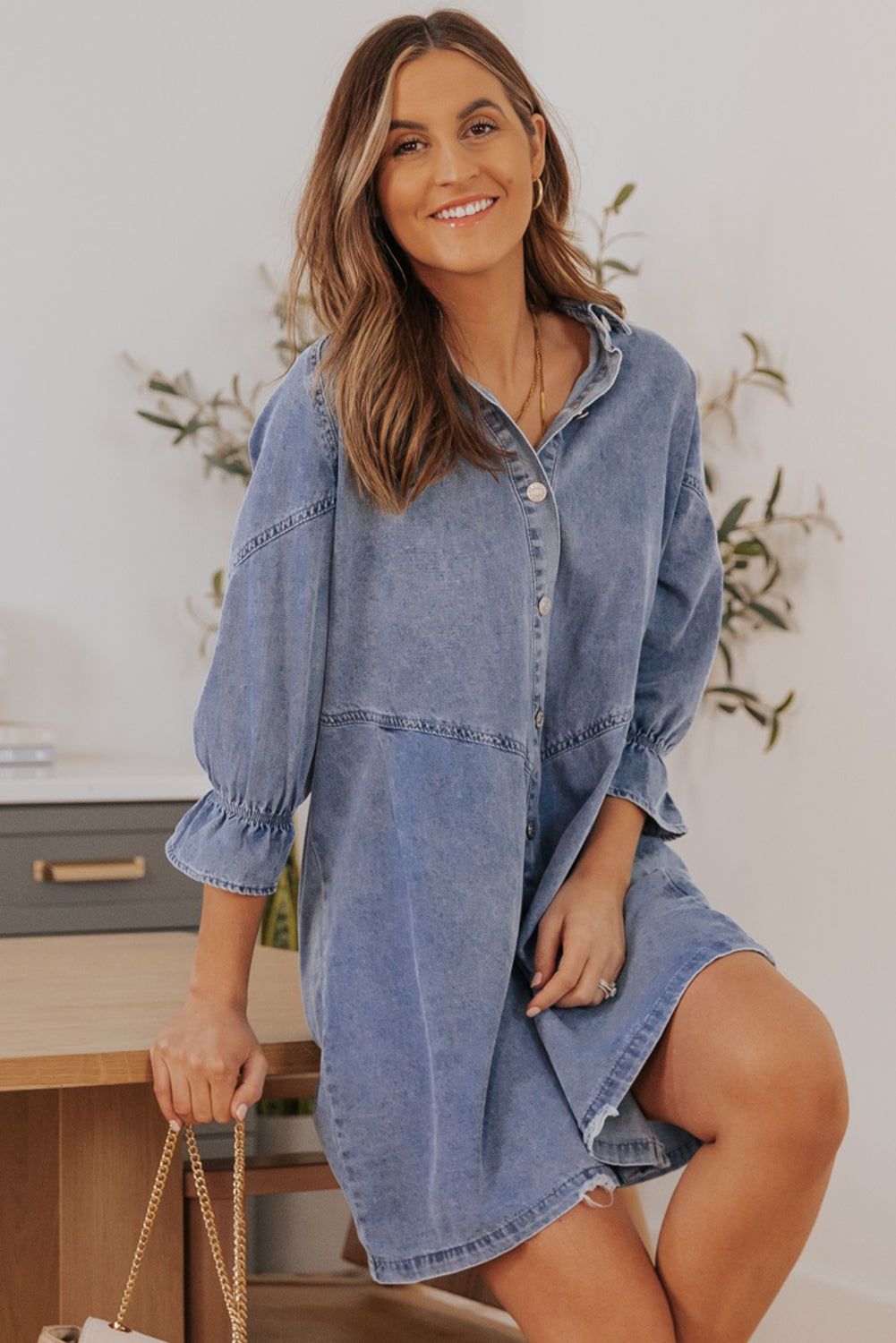 Gray Buttoned Long Sleeve Denim Mini Dress