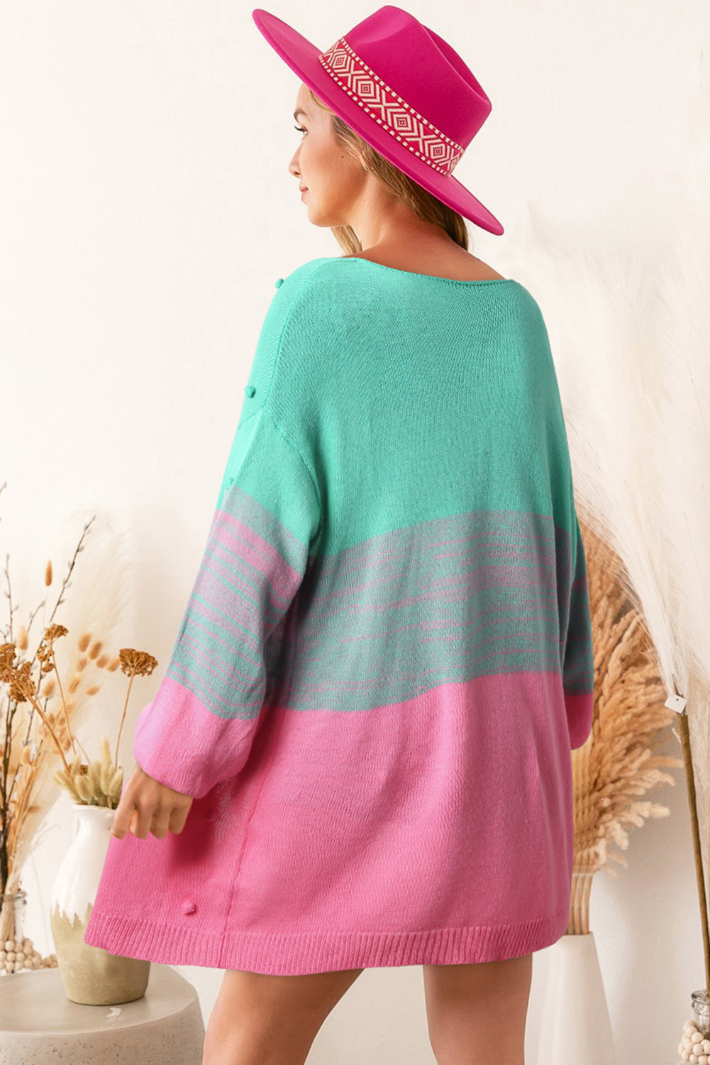 Cardigan Rose Pompom Color Block com frente aberta