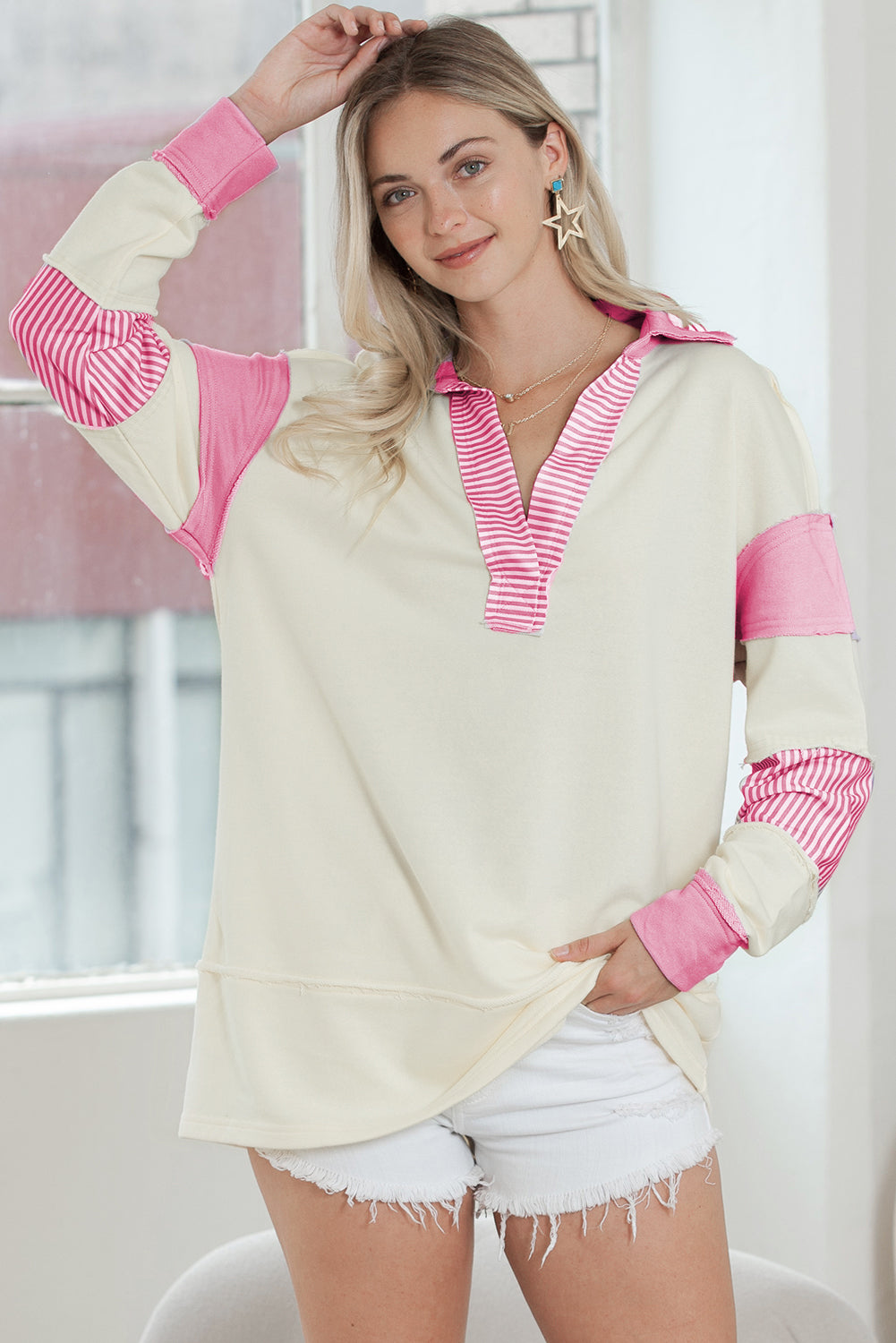 Yellow Colorblock Striped Split Neck Collared Sweatshirt