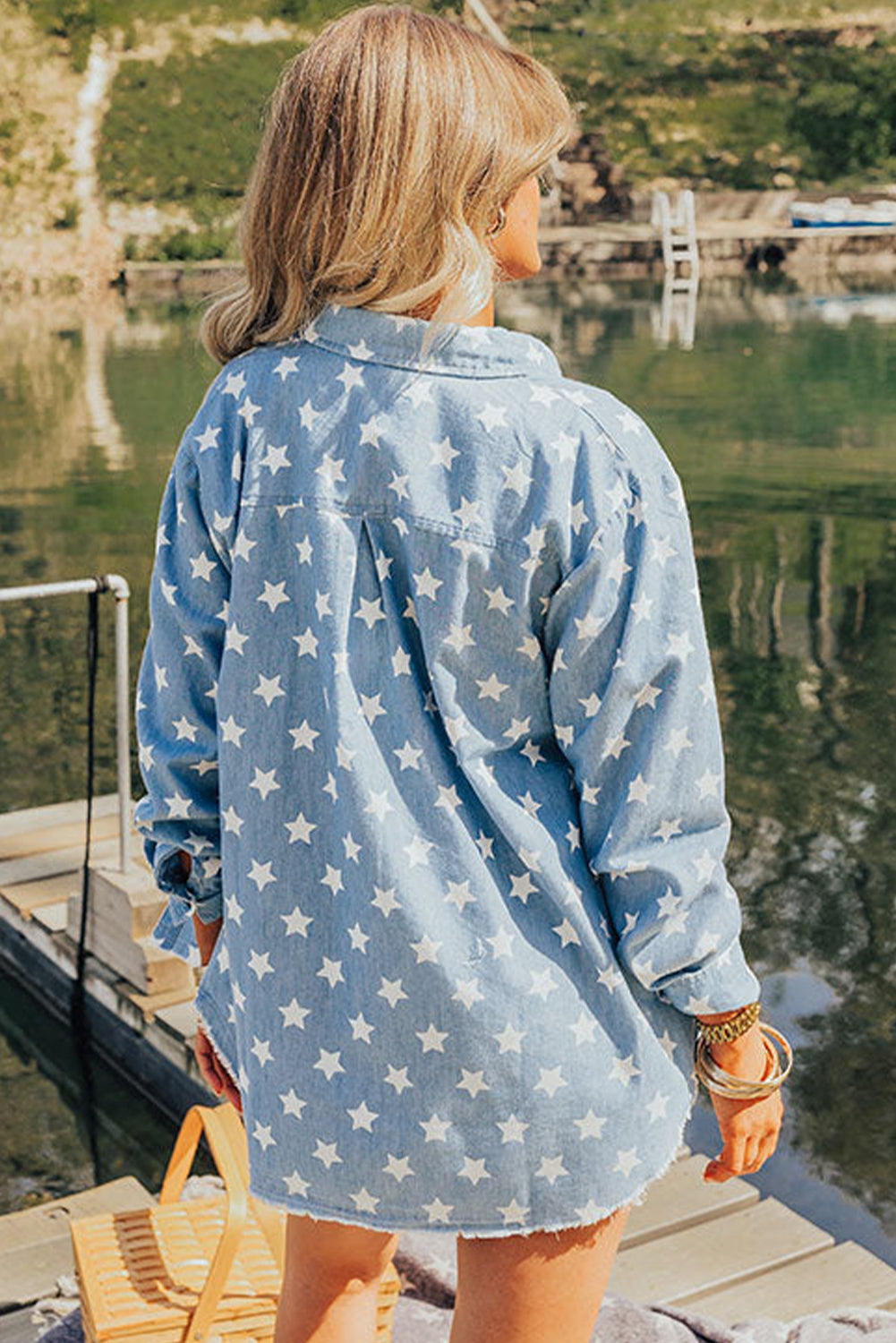 Sky Blue Star Print Light Wash Raw Hem Denim Jacket