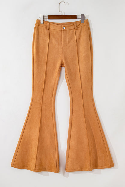 Pantalon évasé en daim marron à coutures apparentes avec poches