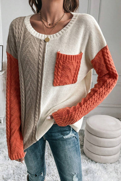 Vineyard Green Colorblock Patched Pocket Drop Shoulder Sweater