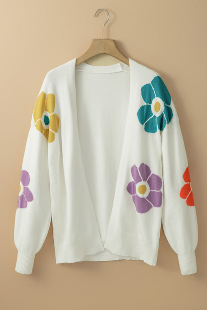 Cardigan aberto com manga bolha jacquared flor branca