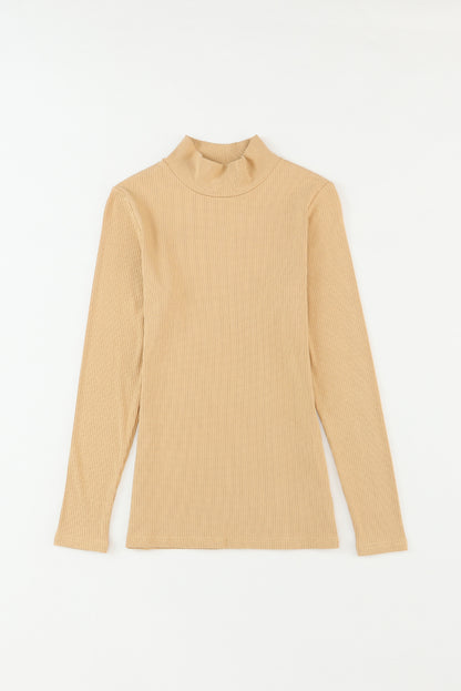 Rose Ribbed Knit High Neck Long Sleeve Top