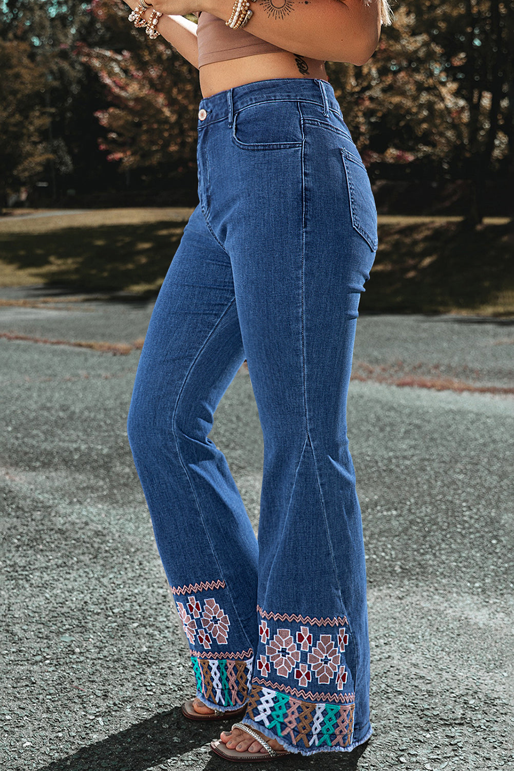 Ashleigh Blue Geometric Embroidered Raw Hem Flared Jeans