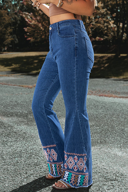 Ashleigh Blue Geometric Embroidered Raw Hem Flared Jeans