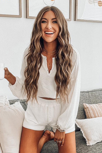 White Waffle Knit Buttoned Long Sleeve Crop and Shorts Lounge Set