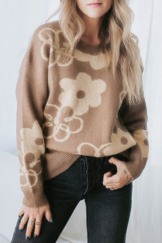 Camel Floral Drop Shoulder Ribbed Trim Sweater