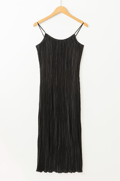 Black Spaghetti Straps Backless Pleated Midi Dress