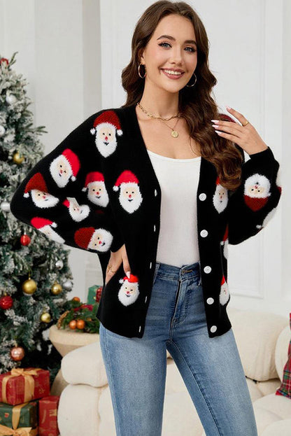 Black Christmas Santa Claus Pattern Button V Neck Sweater Cardigan