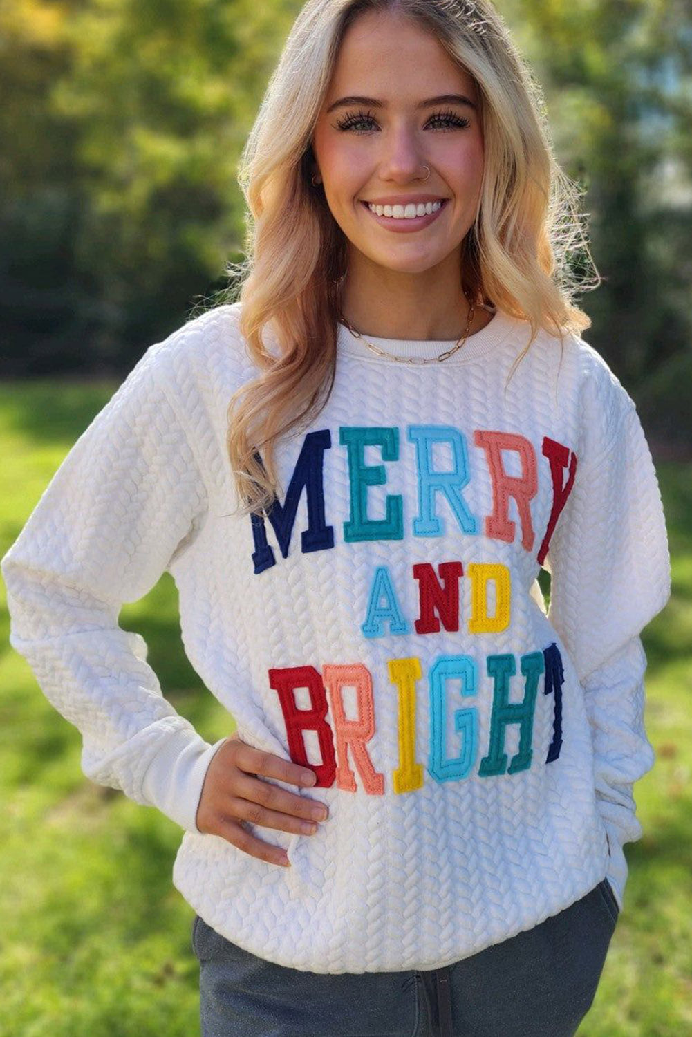 Blackish Green Merry And Bright Cable Knit Pullover Sweatshirt