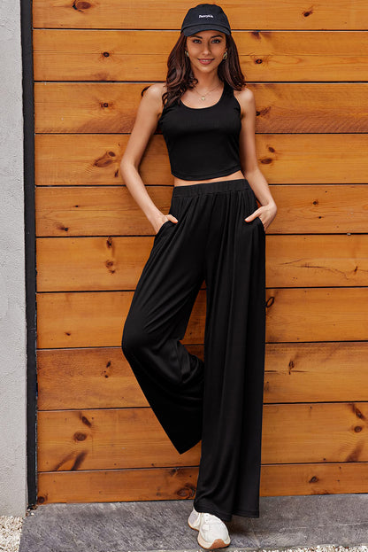 Parchment Textured Sleeveless Crop Top and Wide Leg Pants Outfit