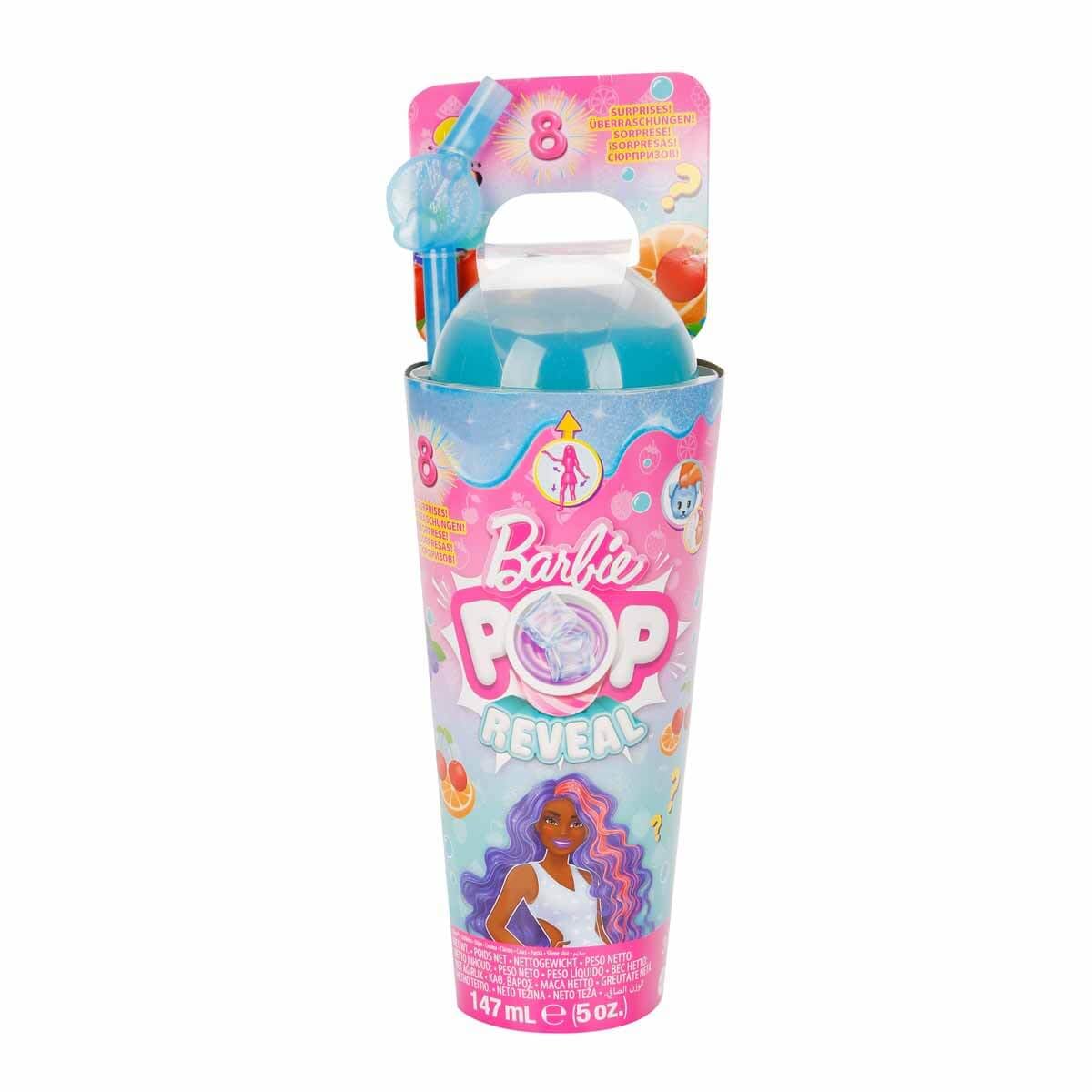 Barbie Pop Reveal Fruit Series Doll, Colour-Changing Doll with Pink Hair, 8 Surprises Including