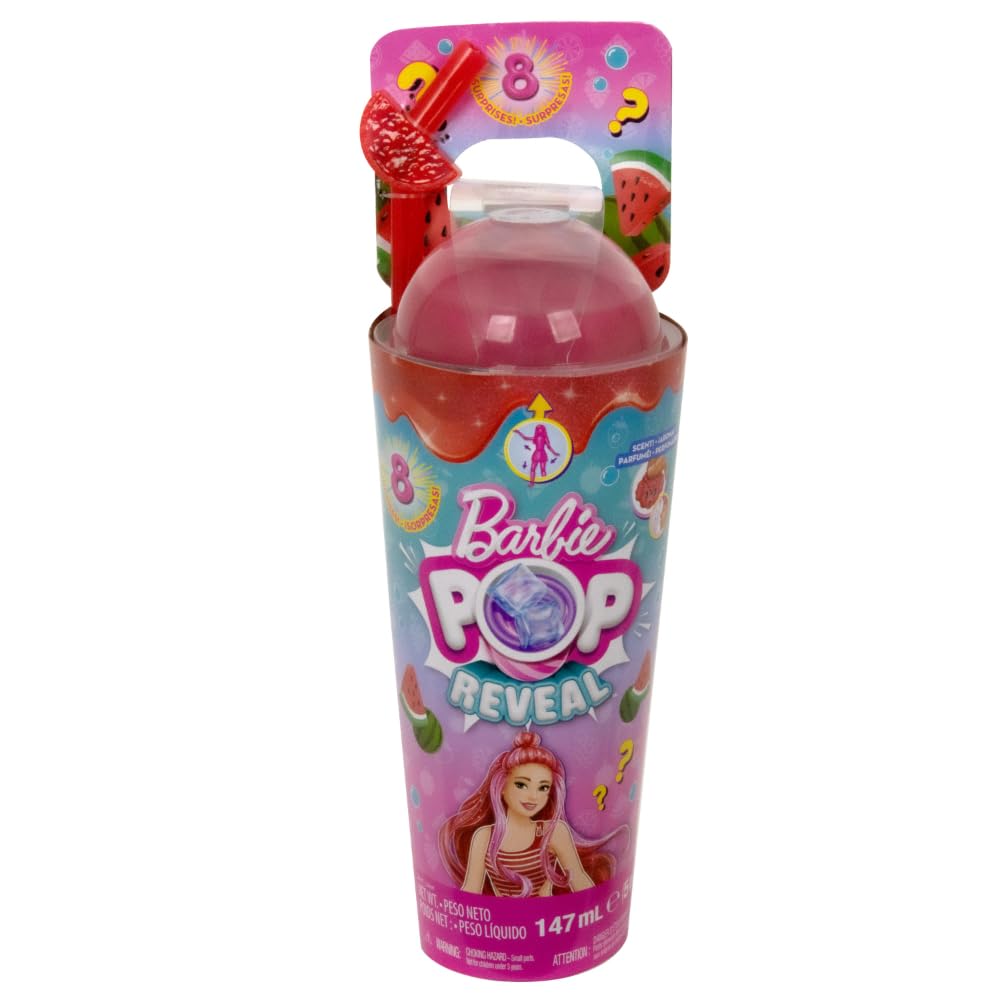 Barbie Pop Reveal Fruit Series Doll, Colour-Changing Doll with Pink Hair, 8 Surprises Including