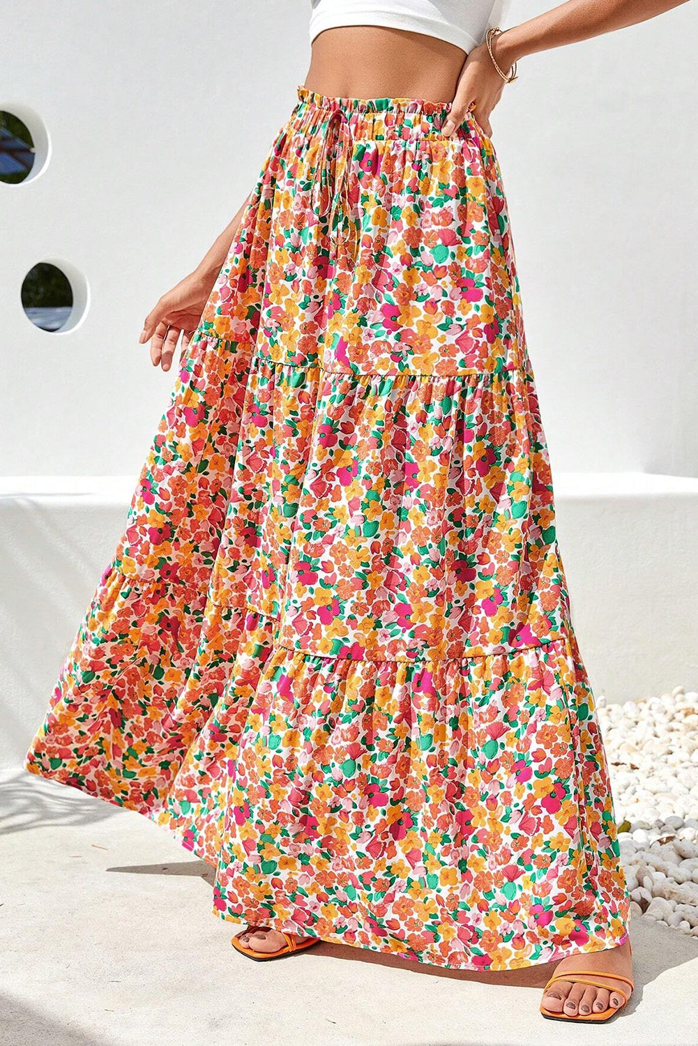 Saia longa em camadas com estampa floral Boho amarela