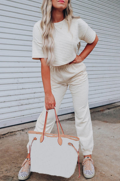 Rose Red Lattice Textured Cropped Tee and Jogger Pants Set