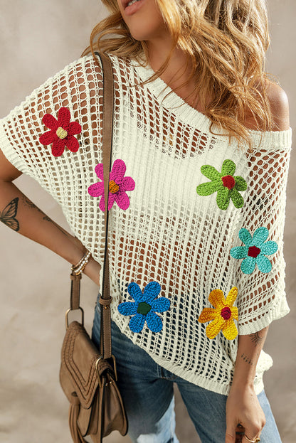 T-shirt pull noir à fleurs en crochet ajouré