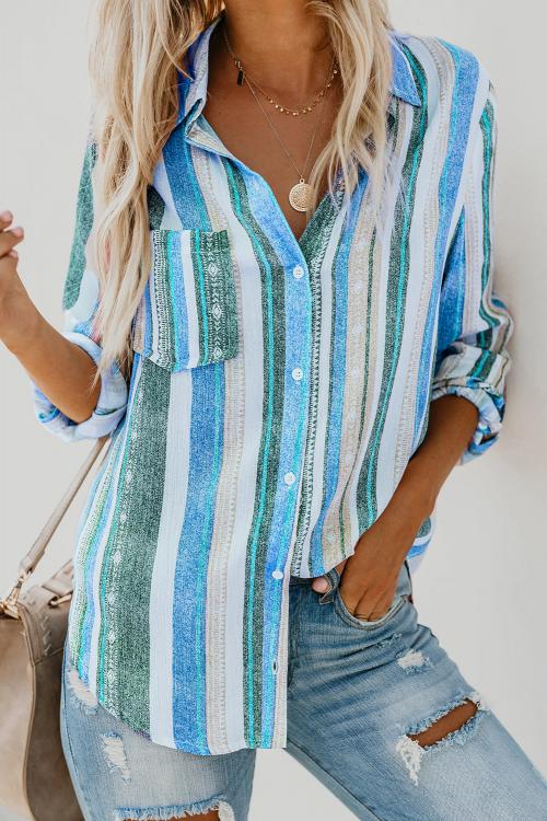 Sky Blue Sweet Enough Striped Button Up Top