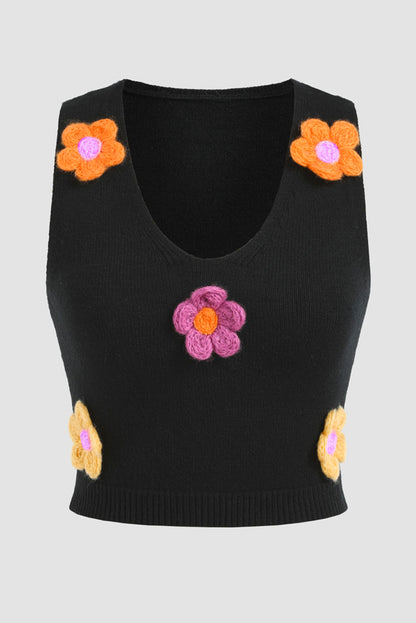 Gilet pull court noir à décor de fleurs 3D