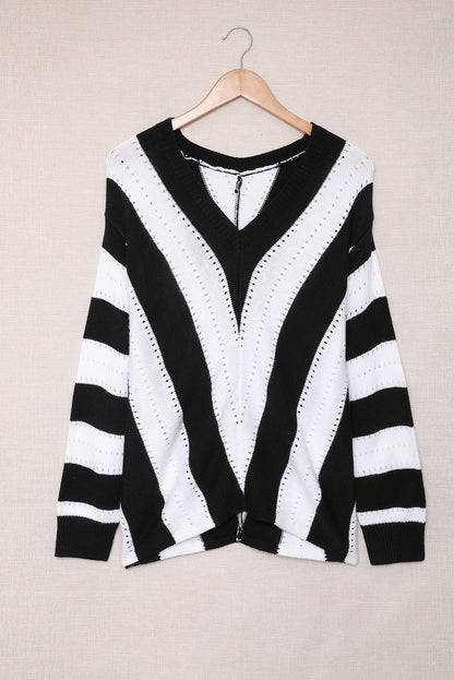 Black Striped Colorblock V Neck Knitted Sweater