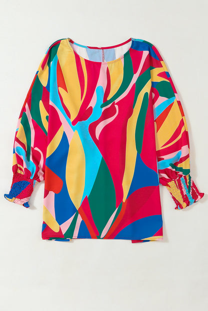 Multicolor Abstract Print Smocked Puff Sleeve Blouse