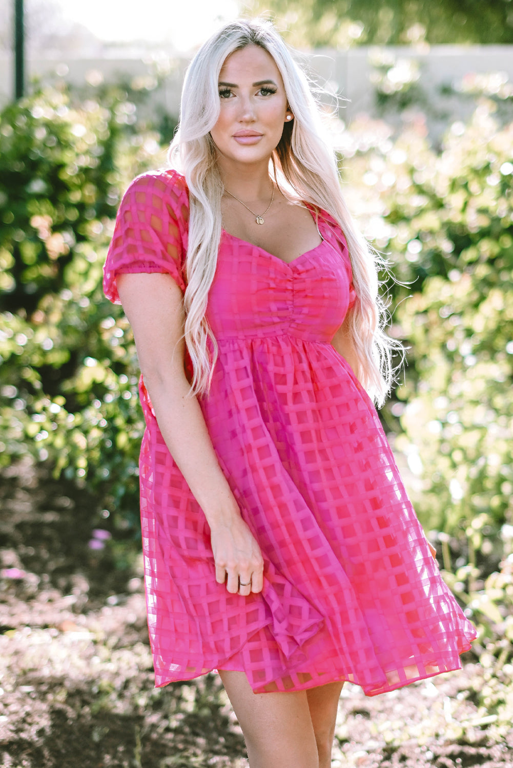 Strawberry Pink Checkered Puff Sleeve Babydoll Dress