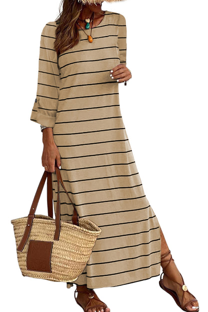 Apricot Striped Casual Slit Long Dress