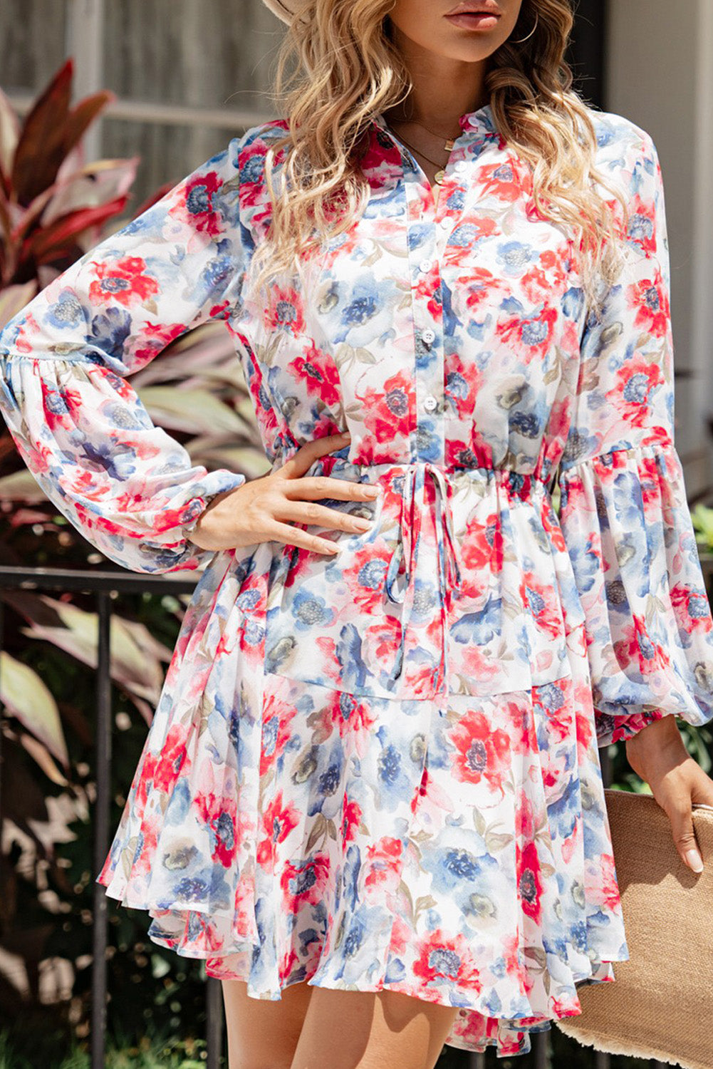 Vintage Floral Print Drawstring Flowy Dress