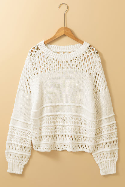 White Solid Color Pointelle Knit Puff Sleeve Sweater