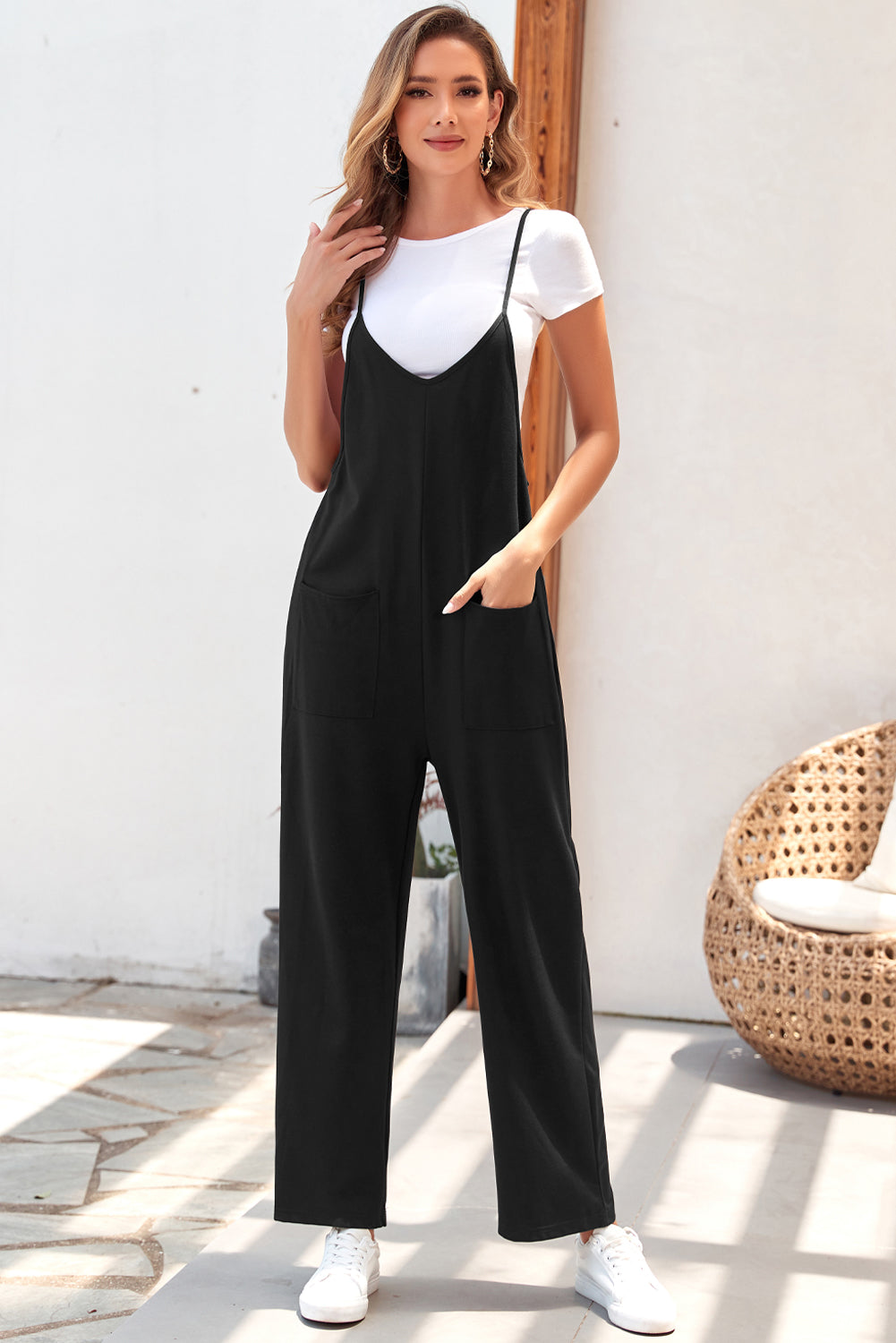 Green Pocketed Adjustable Spaghetti Strap Straight Leg Jumpsuit