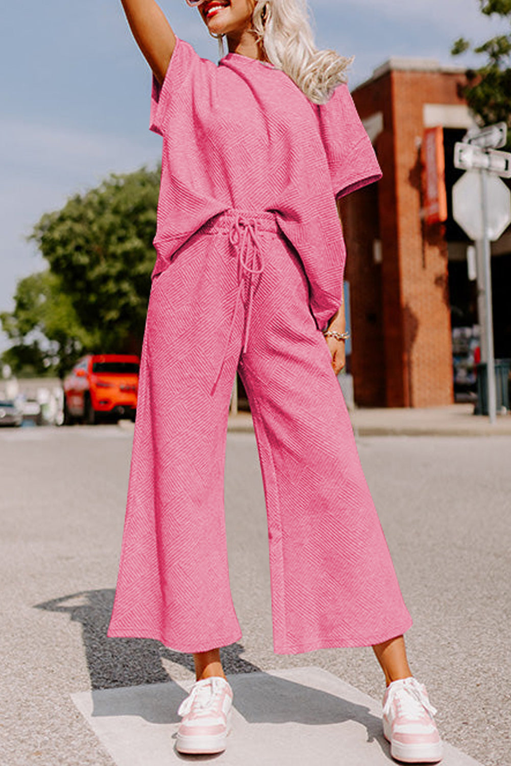 White Textured Loose Fit T Shirt and Drawstring Pants Set