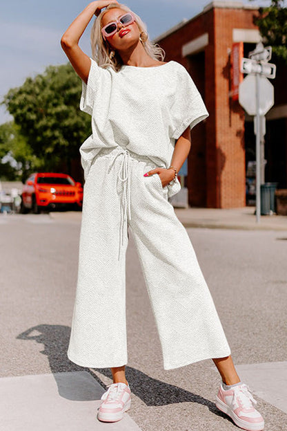 White Textured Loose Fit T Shirt and Drawstring Pants Set