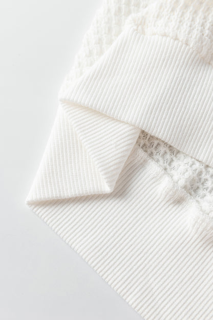 White Broderie Anglaise Puff Sleeve Waffle Knit Tee