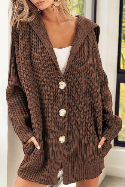 Cardigan boutonné à col à revers en grosse maille marron