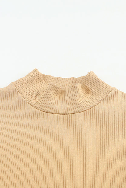 Rose Ribbed Knit High Neck Long Sleeve Top