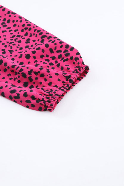 Rose Leopard Print Pleated Blouse with Keyhole