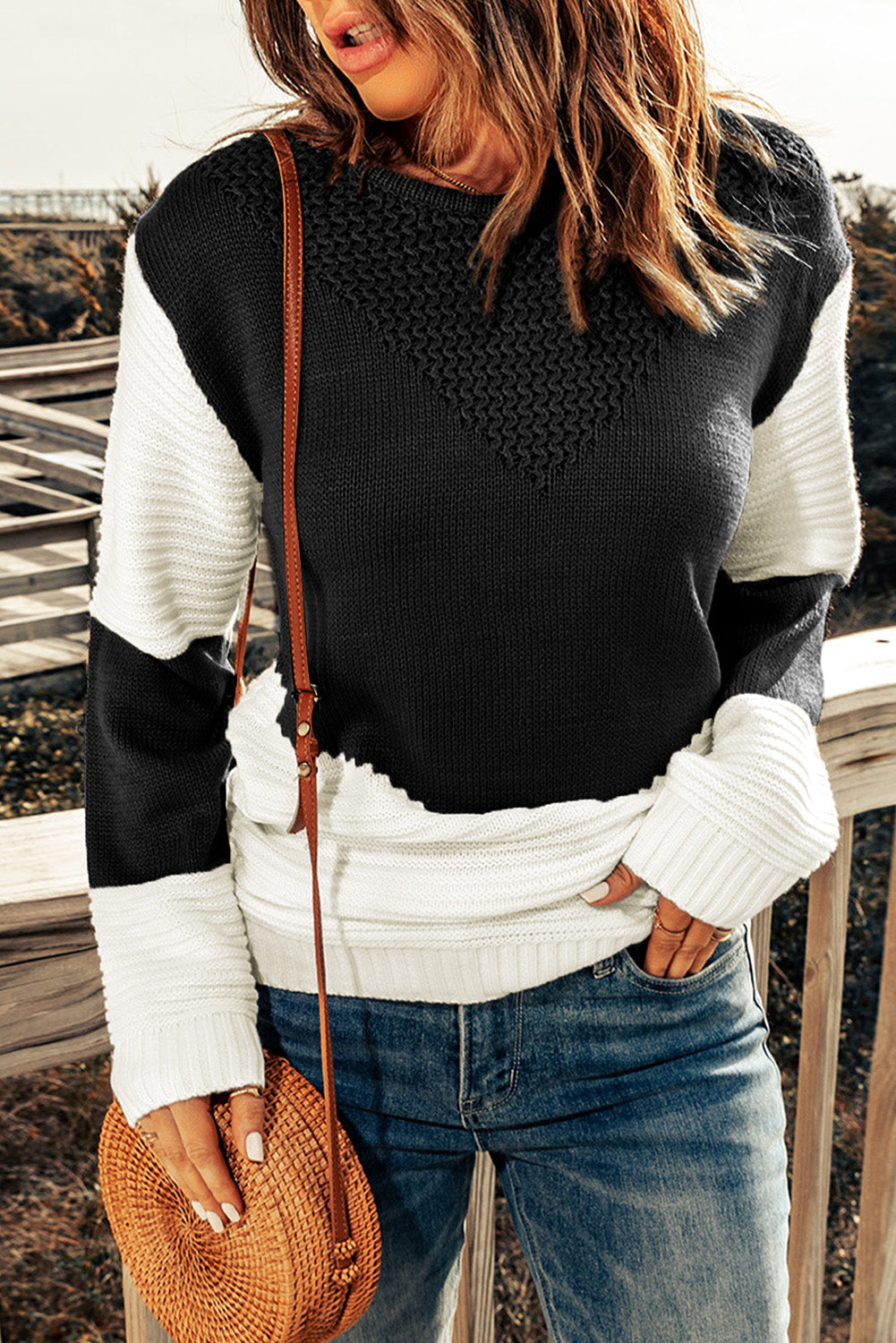 Black Two-Tone Chevron Pullover Sweater