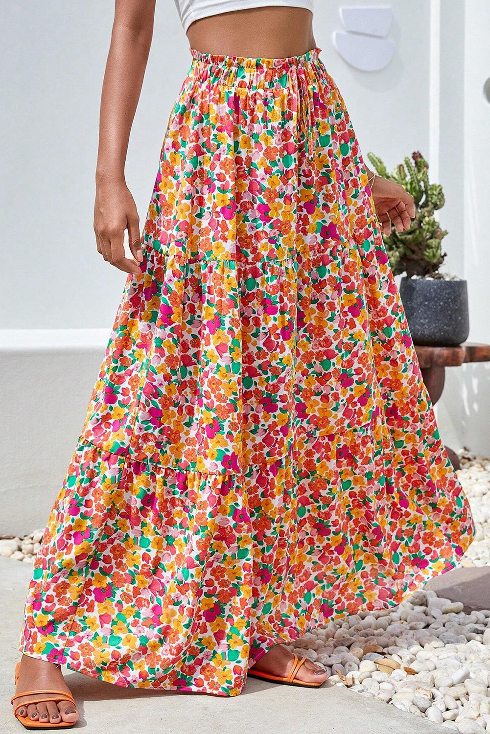 Saia longa em camadas com estampa floral Boho amarela