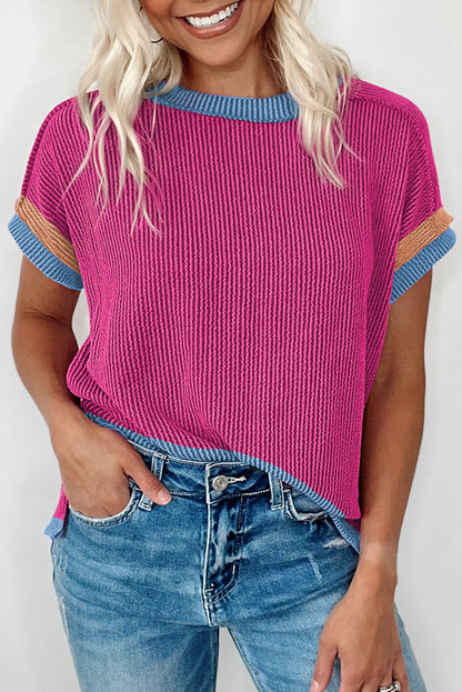 Camiseta com gola redonda e contraste texturizado rosa brilhante